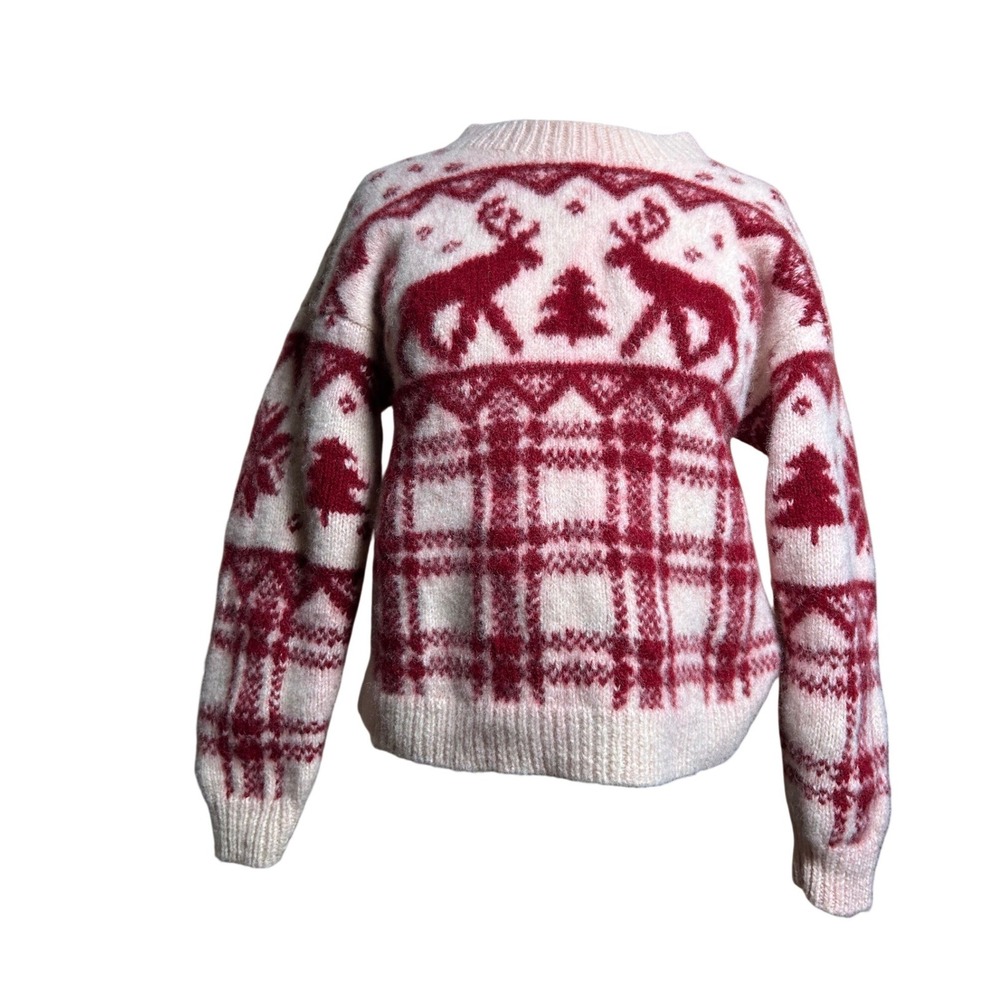 Vintage Eddie Bauer Wool Fair Isle Nordic Sweater Red Cream Womens L Cabin
